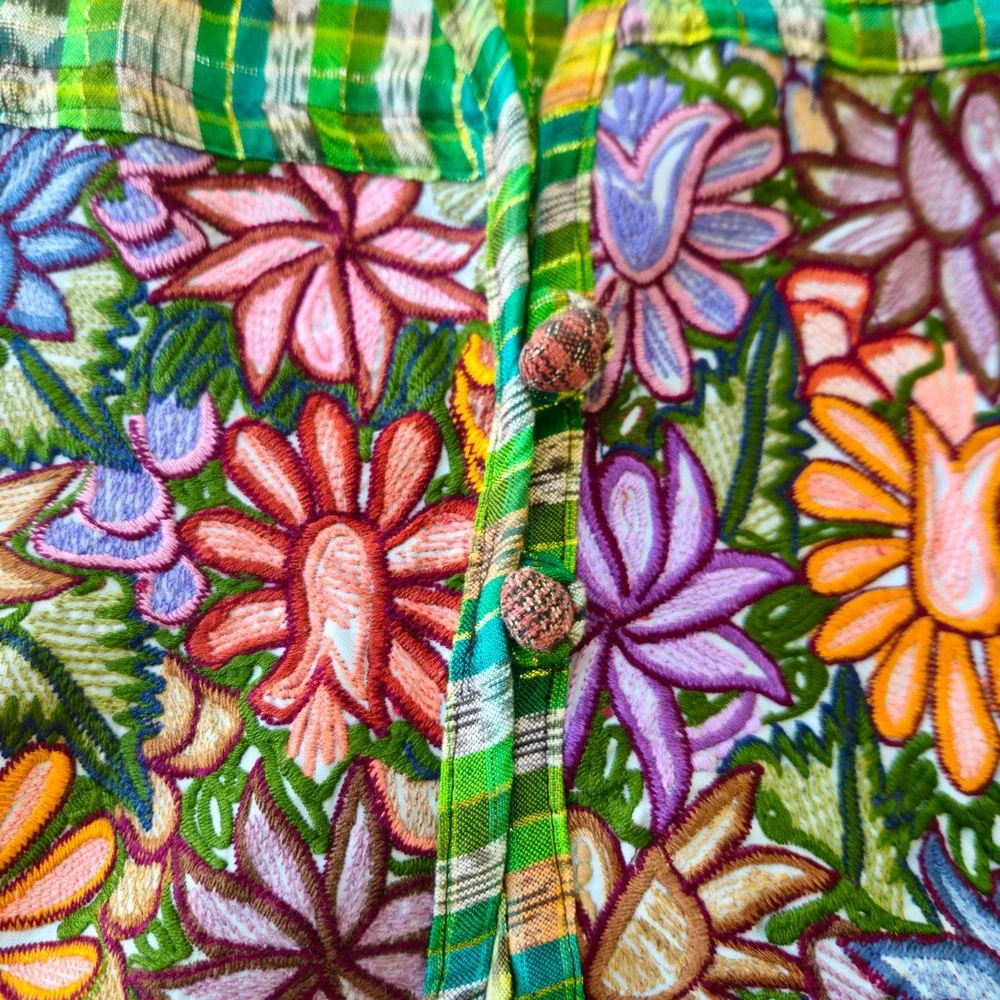 Handmade Boho Embroidered Vest OS Garden Floral Plaid Art Frida Kahlo Grannycore